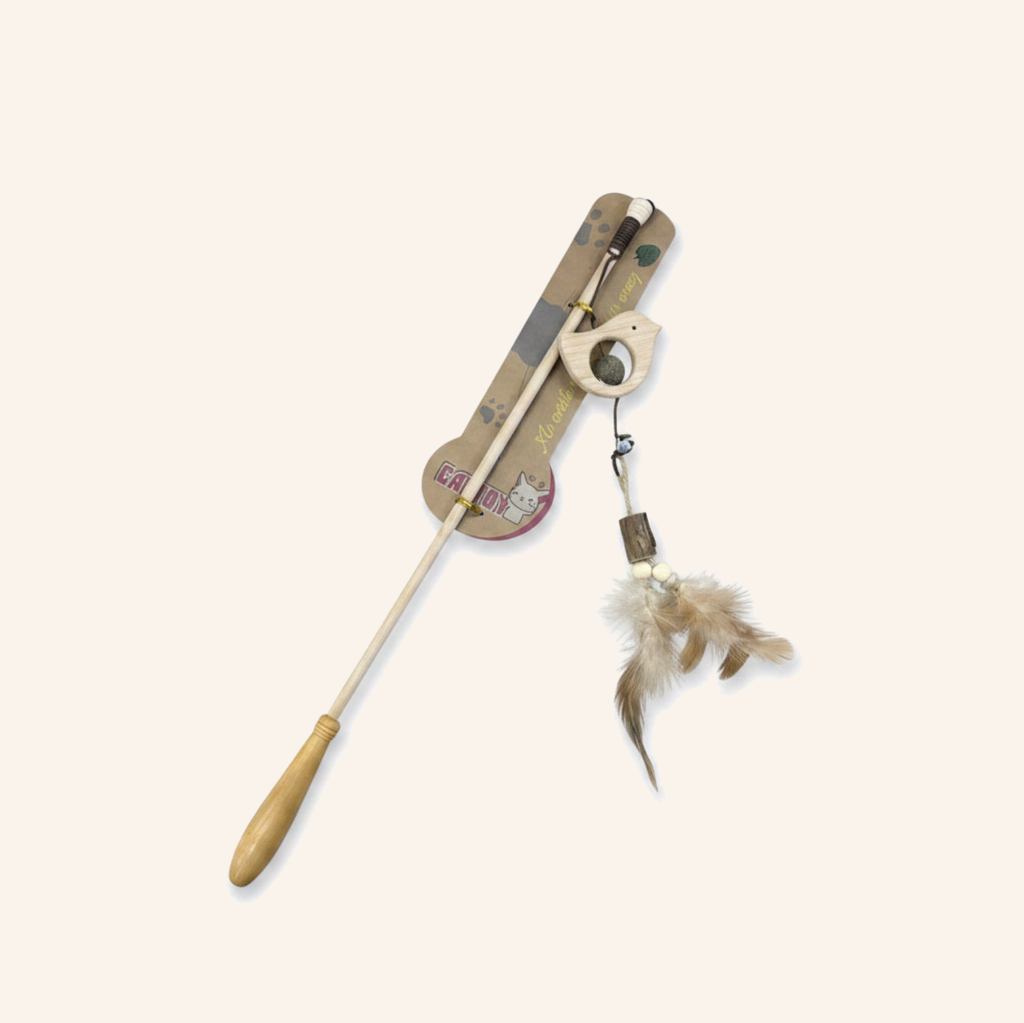 Catnip Bird Teaser Wand with Wooden Handle
