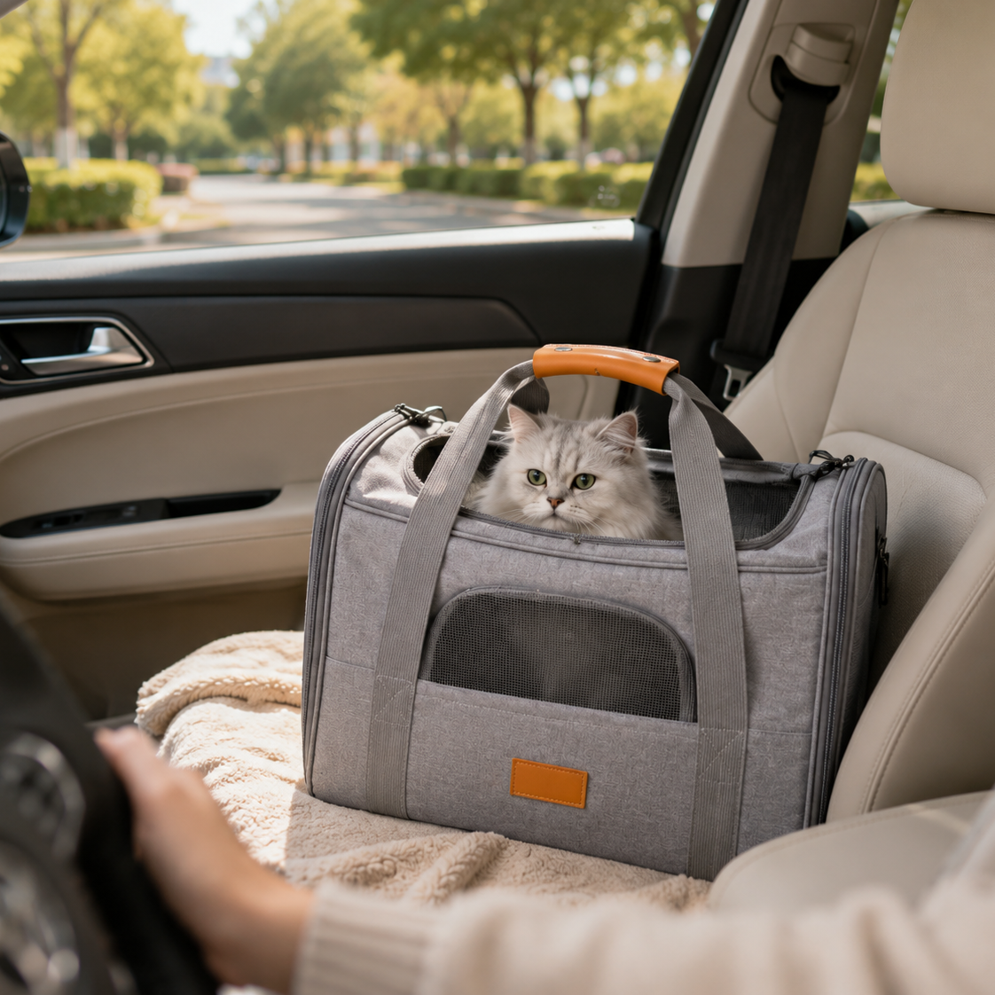 Cat in a gray pet carrier inside a car with a view of trees outside.