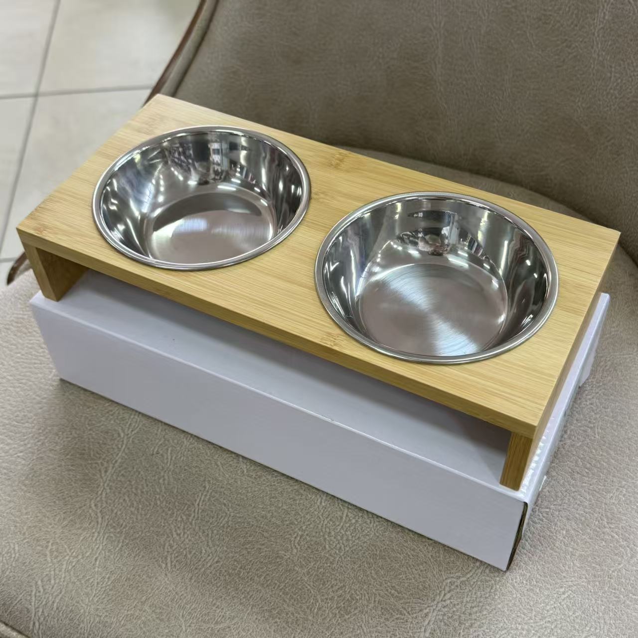 Bamboo Double Bowl Pet Stand - Medium