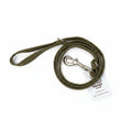 Green dog leash with a metal clip on a beige surface, featuring a 'Pawpil' brand tag.